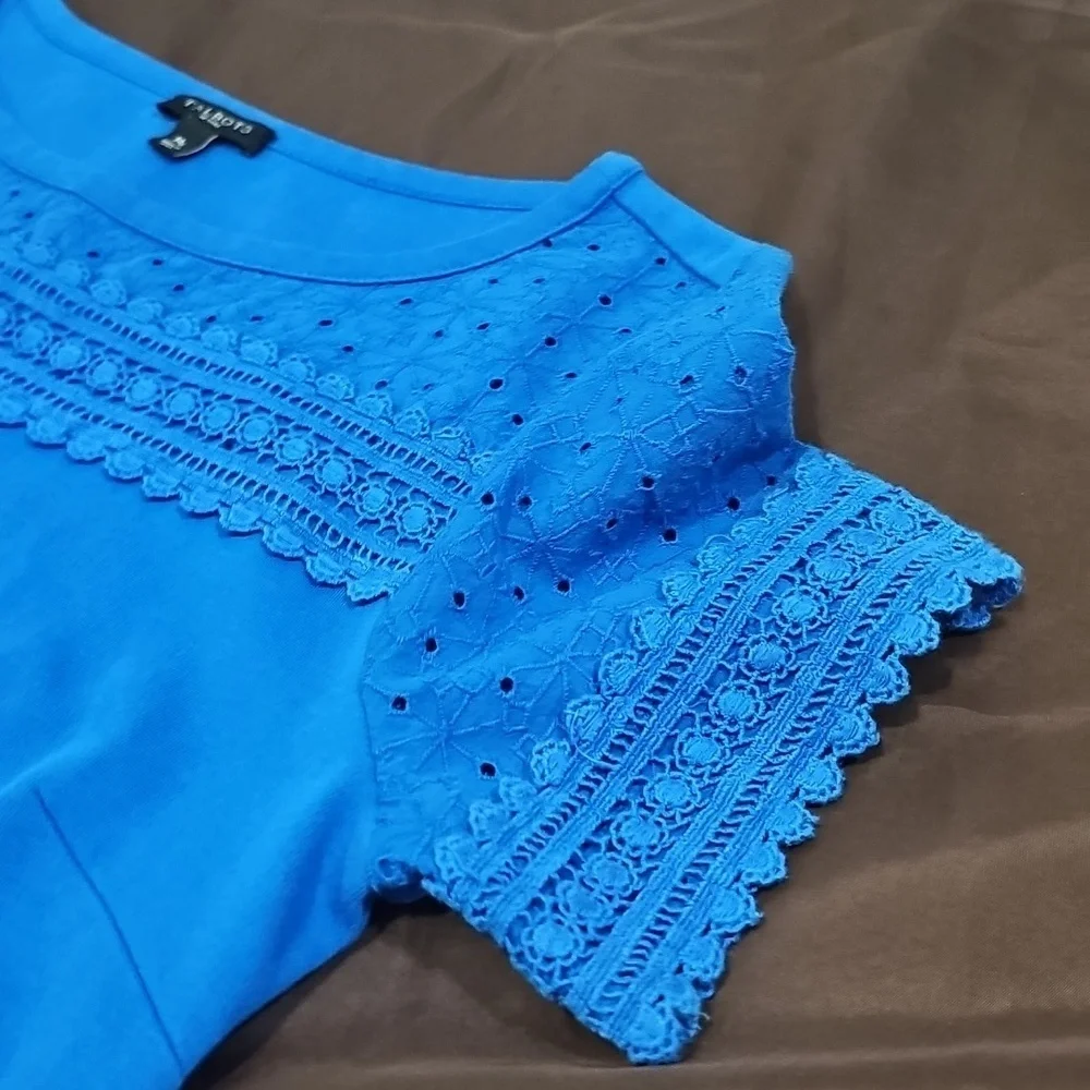 Talbot’s Short Sleeve Lace Trim Interlock Cotton Shift Dress Blue Size Petite M